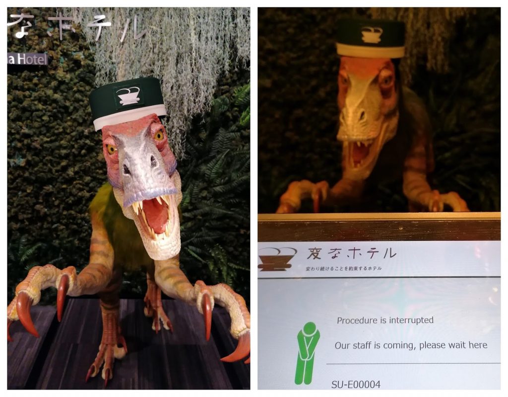 the lobby staff are animatronic robot dinosaurs